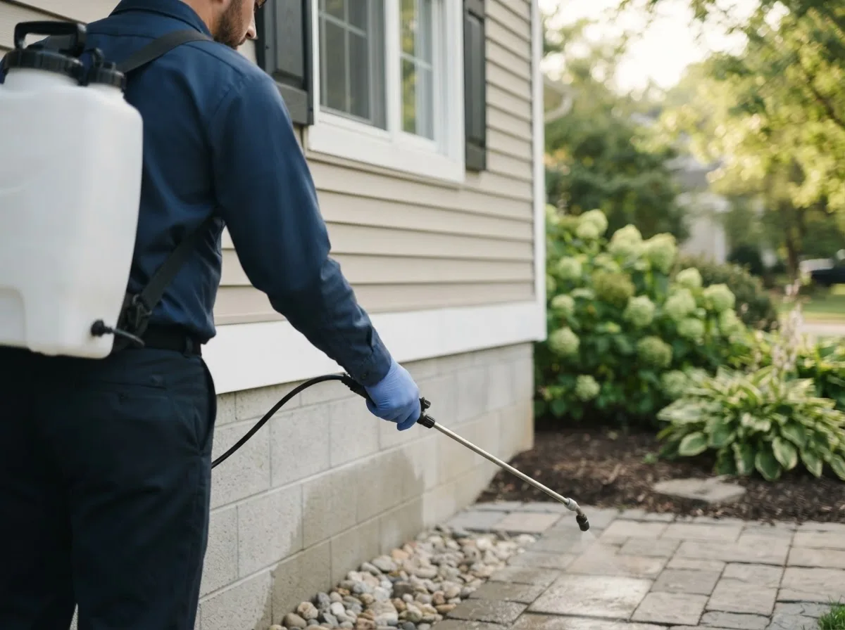 Pest control technician inspecting a home in Commerce, MO